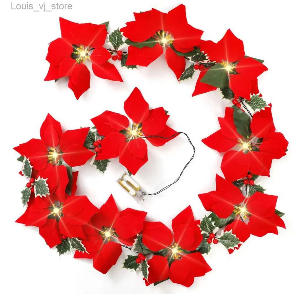 LED -strängar jul konstgjorda röda julstjärnor Garland Livtro Simulering Växtblommor Vine Decorative Multifunctional Holiday Home Decor YQ240401