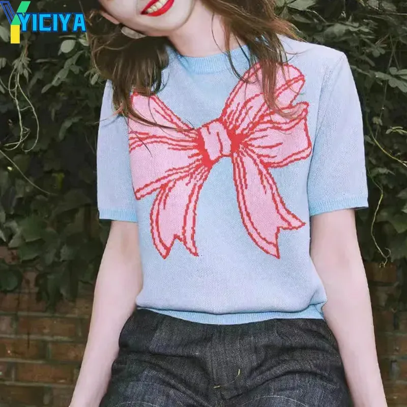 YICIYA Boog knoop T-shirts Breien t-shirt voor vrouwen korte mouw oversize crop top zomer Koreaanse mode outfit kleding 240401