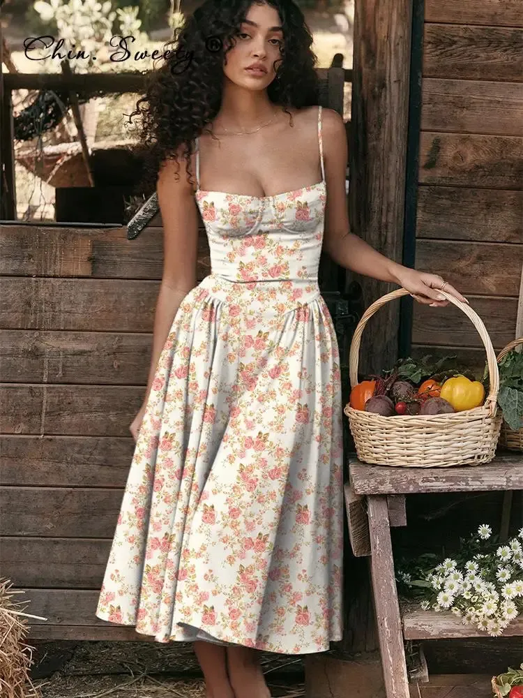 Zomer Bloemen Onderjurk Vrouwen Sexy Tube Tops Mouwloze Jurken Vrouwelijke Mode Gedrukt A-lijn Elegante Midi Dame Vestidos240401