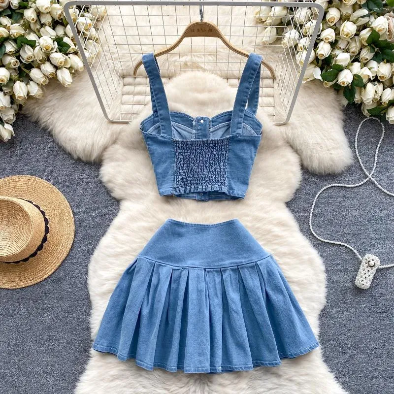 DHgate.com:Womens 2-Piece Denim Suit: Strappy Crop Top and