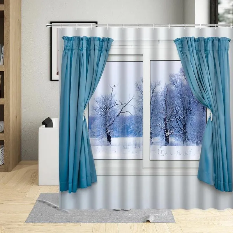 Duschgardiner 3D Window Winter Landscape Curtain Natural, Badrum Dekor Modern med krokar sätter polyester vattentät