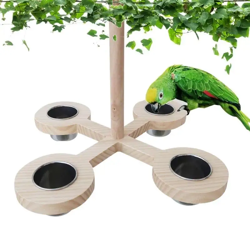 Autres fournitures d'oiseaux Feeder Dish Cup Porte-perruche en bois avec bols d'eau en acier inoxydable Étagère en bois