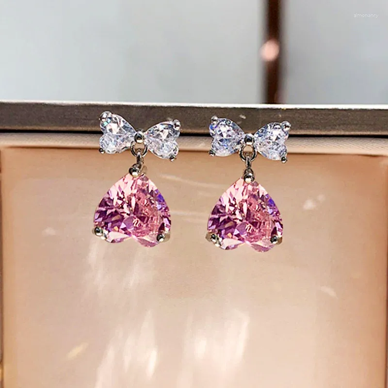 Huitan – boucles d'oreilles pendantes en cristal rose pour fille, accessoires de fiançailles, Design en forme d'arc pour cérémonie de mariage