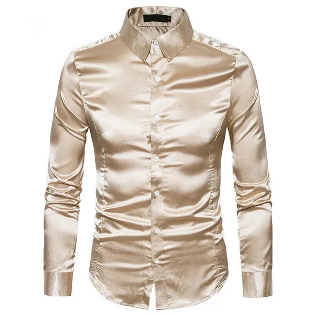 Mens Silk Shirt Long Sleeve Lapel Single Breasted Black Gold Satin Casual Slim Fit Social Formal Man Clothing 240318