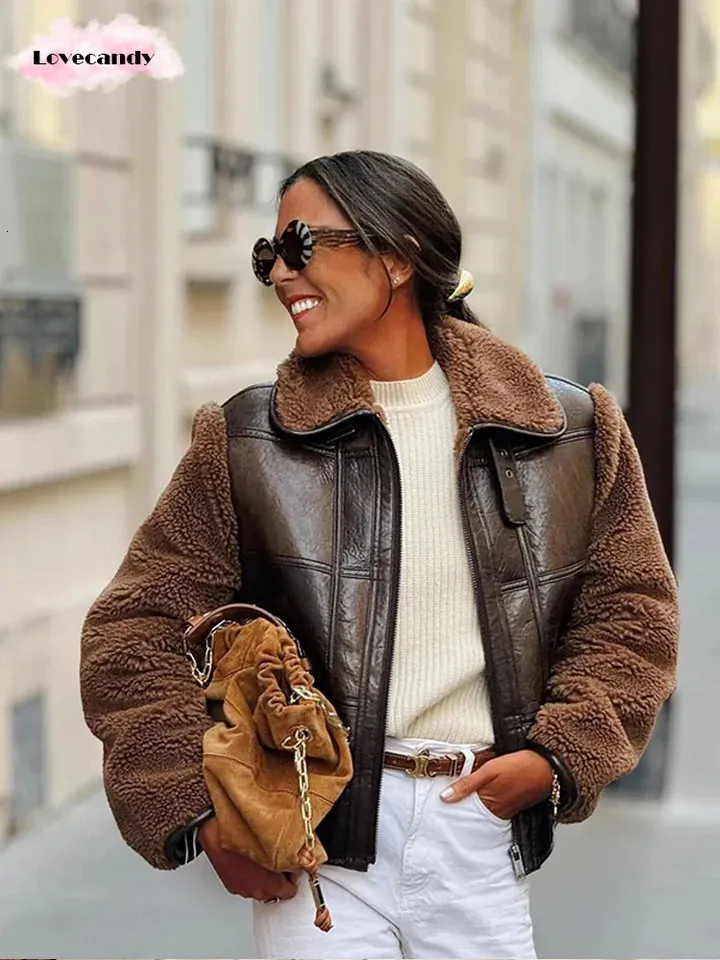 Vintage Fashion Brown Faux Fur Patchwork Leather Jacket For Women