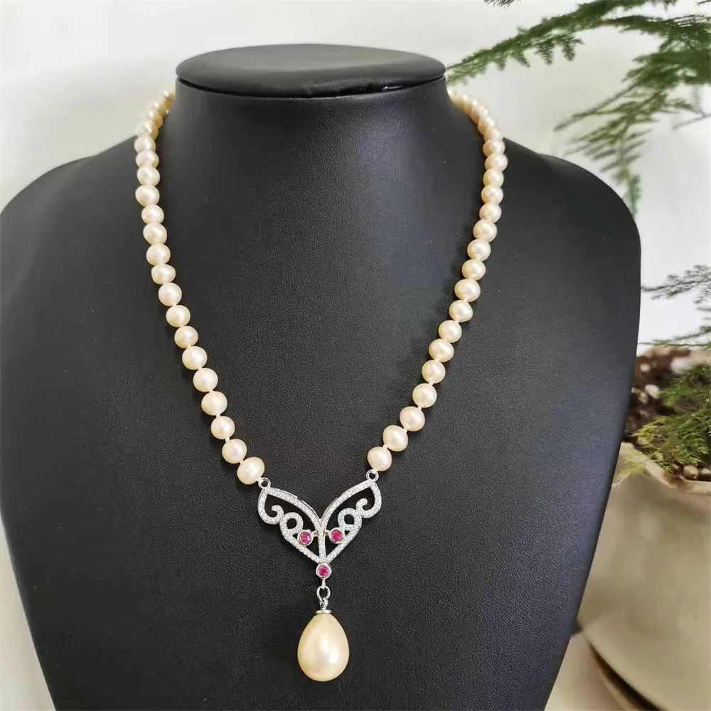 Collier noué main 6-7mm perle d'eau douce rose 43cm micro incrustation zircon accessoire coquillage pendentif