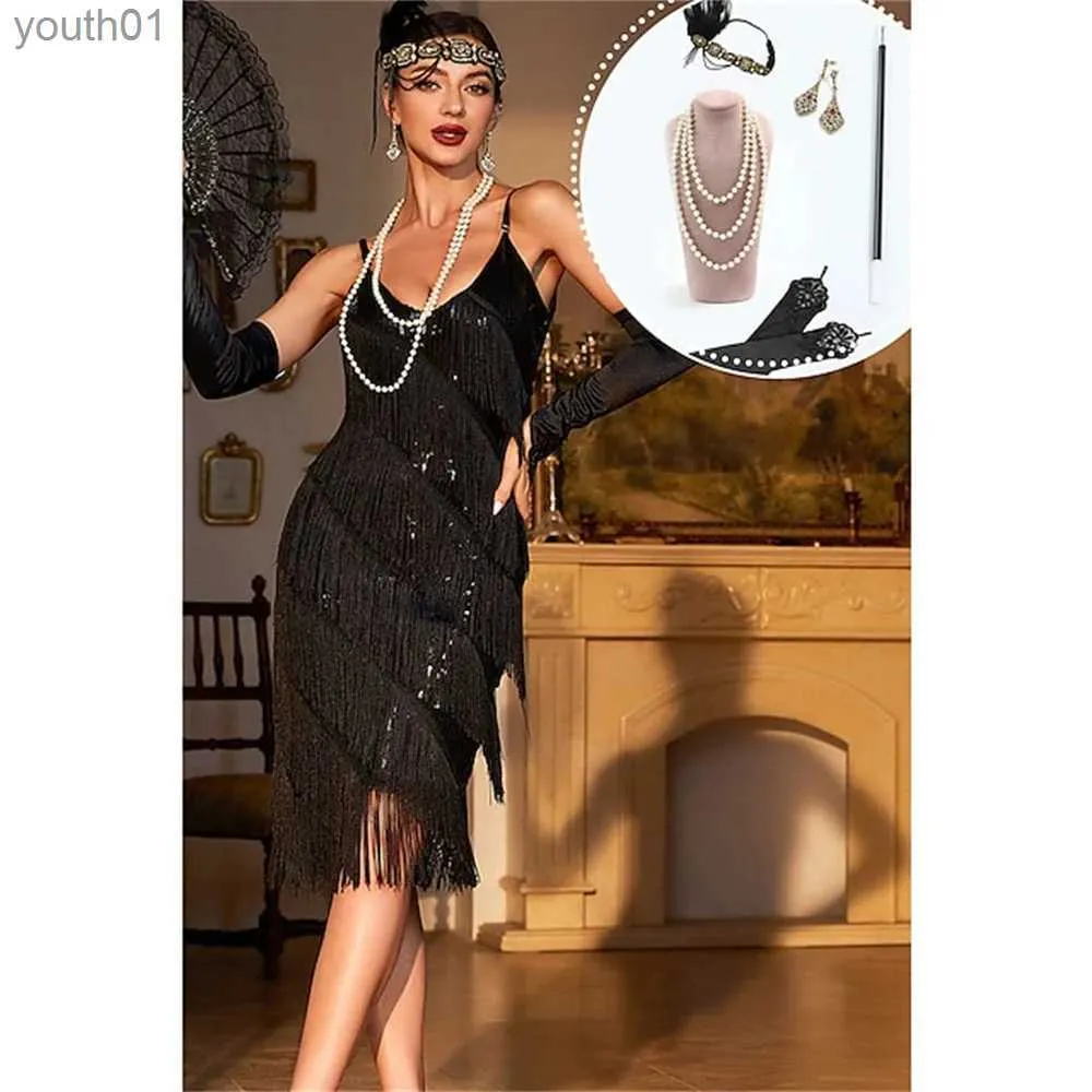 Grundläggande casual klänningar Retro Roaring 20s 1920 -tals klaffklänning kläder pannband The Great Gatsby Womens paljetter Tassel Fringe Evening YQ240402