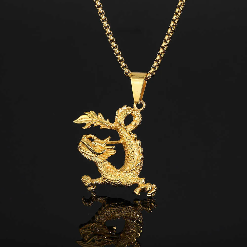 Hip Hop nouveau produit douze pendentif Dragon du zodiaque Style chinois plaqué or Ins collier