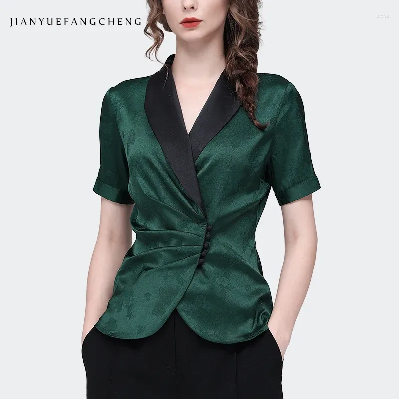 Kvinnors blusar 2024 sommar kvinnor mörkgrön satin jaquard skjorta elegant kostym krage kort ärm topp mode chic retro casual