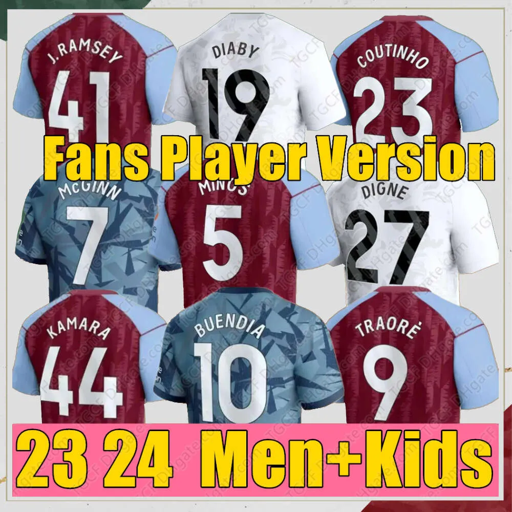 2024 Aston Villas Maillots de football Kit pour enfants Maillot de football à domicile Entraînement des fans à l'extérieur Version du joueur Camisetas Futbol MINGS Mcginn BUENDIA WATKINS Maillot Foot