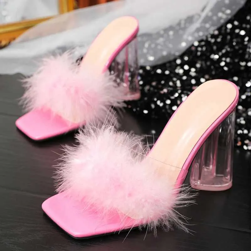 Dress Shoes 2024 New PVC Transparent Shoes For Women Fluffy Furry Slippers Sandals Summer Party Banquet les High Heels Slides H240401HYGR