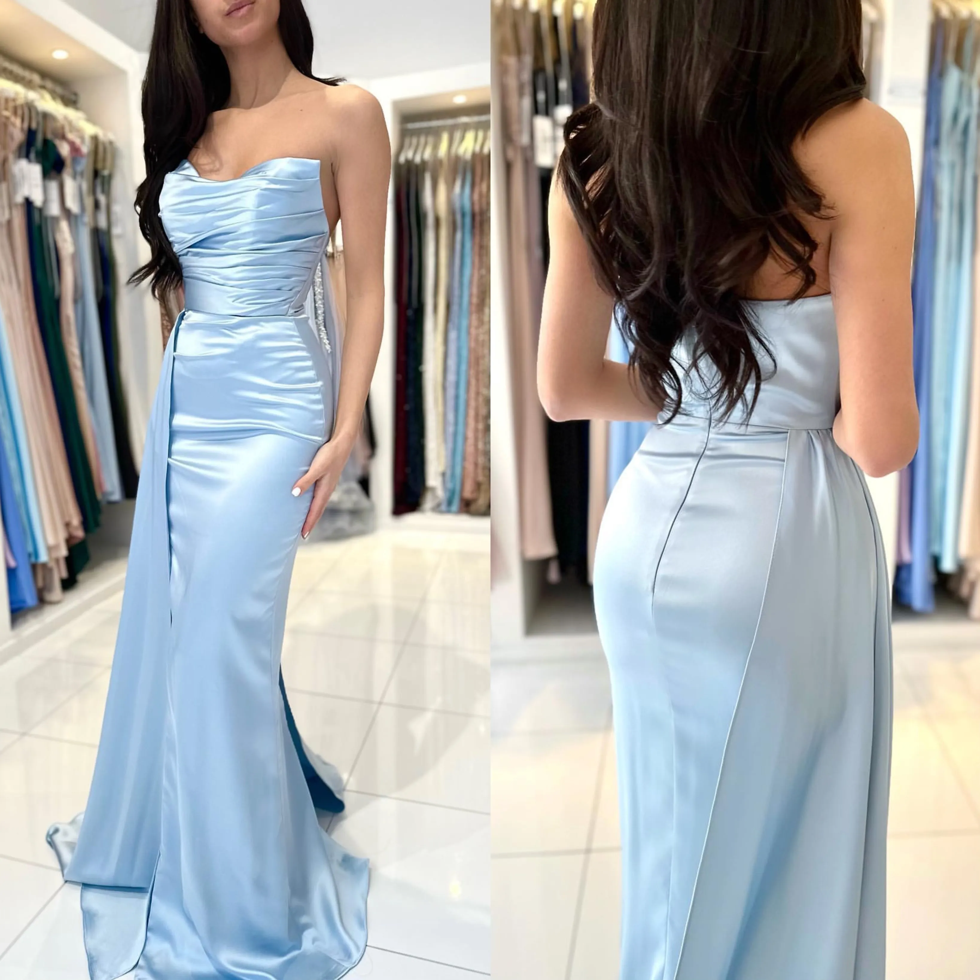 Vestido de baile de sereia azul celeste, damas de honra, vestidos de noite sem alças, vestidos elegantes, pregas divididas na coxa, vestidos de dama de honra de cetim para ocasiões especiais