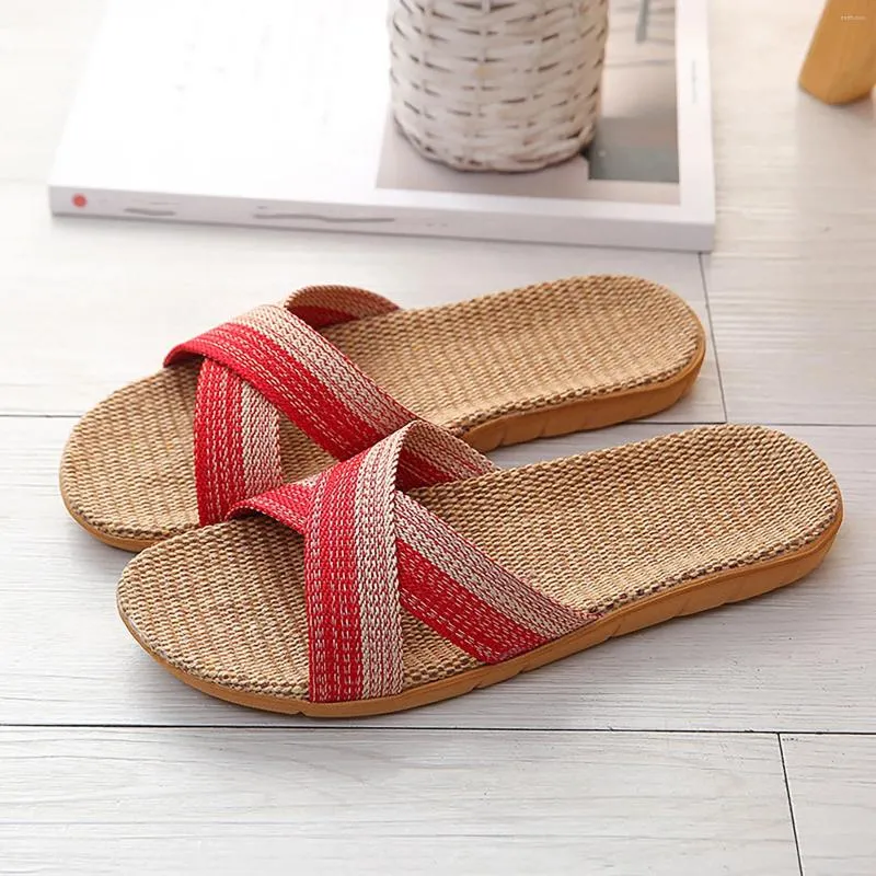 Slippers Couple Linen Women's Bathroom Indoor Non Slip Trend Woman Cross Sandals Floor Mujer Summer Shoes