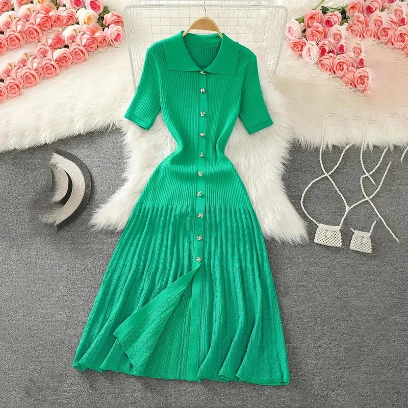 Chic green Knitted Short Sleeve green midi dress for Women - Laxsesu Summer Office green midi dress with Pleats (Style 241031)