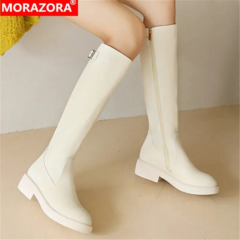 Botlar Morazora 2021 Büyük Boyut 3343 Kış Diz Yüksek Botlar Med Topuklu Yuvarlak Ayak Toyu Kadın Botlar bayanlar Ayakkabı Siyah Şerit