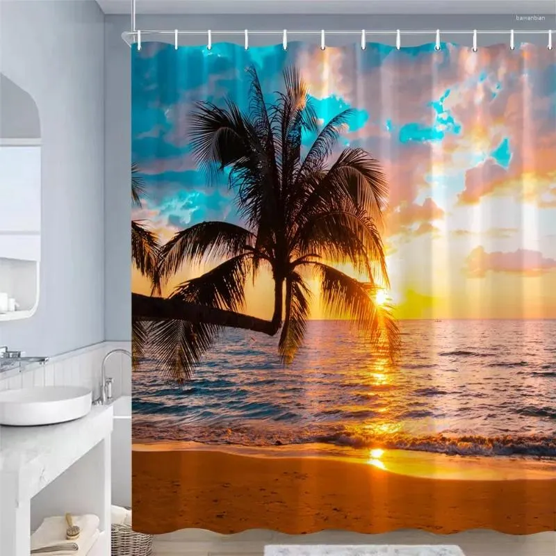 Tende da doccia Crepuscolo Oceano Paesaggio Tramonto Palme Onde del mare Spiaggia Natura Scenario Casa Bagno Tenda Decor Set con ganci