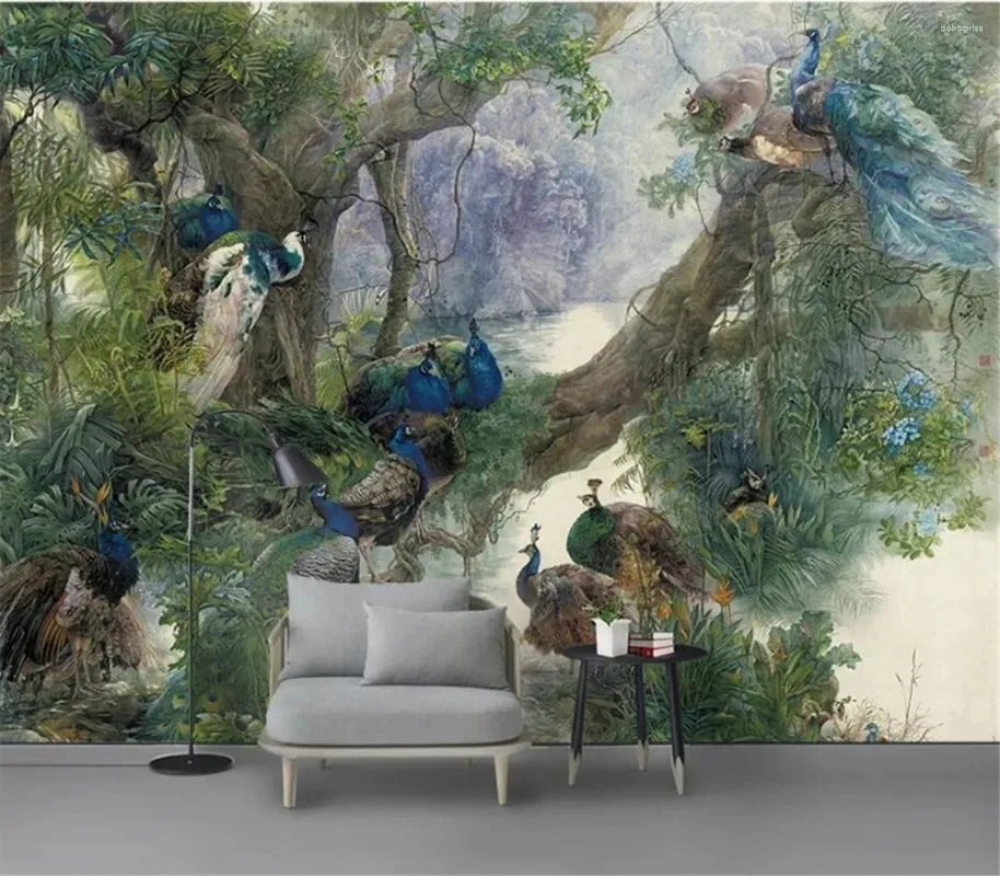 Wallpapers personalizado mural natural papel de parede paisagem pavão floresta para sala de estar 3d papel de parede melhoria da casa tv fundo