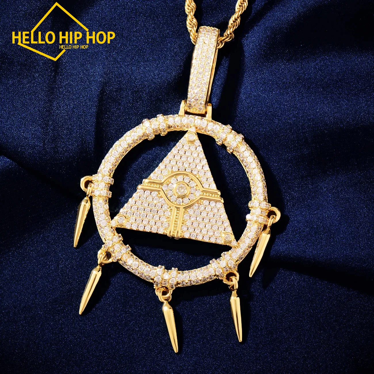 Bonjour hip-hop millénaire sagesse roue pendentif hommes femmes collier glacé cubique zircone couleur or Hip Hop bijoux pour cadeau