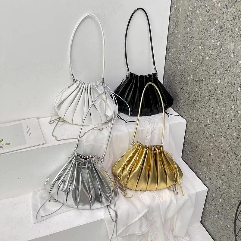 Evening Bags Fashion Women's Handbag Korean Trendy Pleated Drawstring Bucket Bag For Women Simple Gold Silver White Color Summer Shoulder