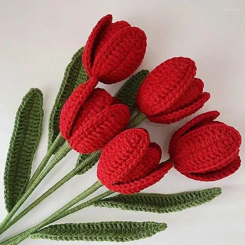 Flores decorativas diy mão-malha tulipa flor mão tecido crochê buquê de casamento presente dos namorados para os amantes presentes do dia das mães