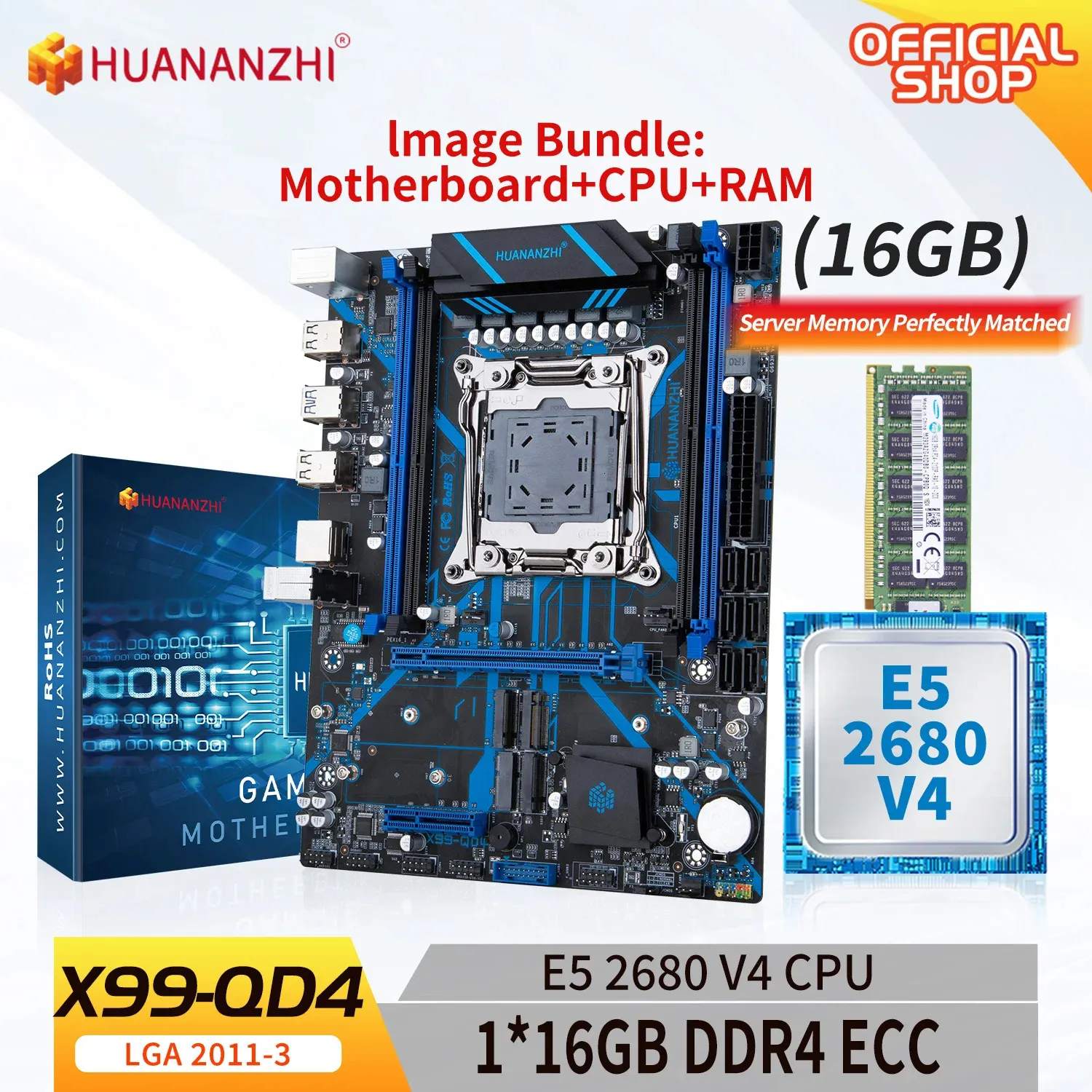 Huananzhi X99 QD4 LGA 20113 Moderkort med Intel E5 2680 V4 116G DDR4 RECC Memory Combo Kit Ställ in flera alternativ 240326