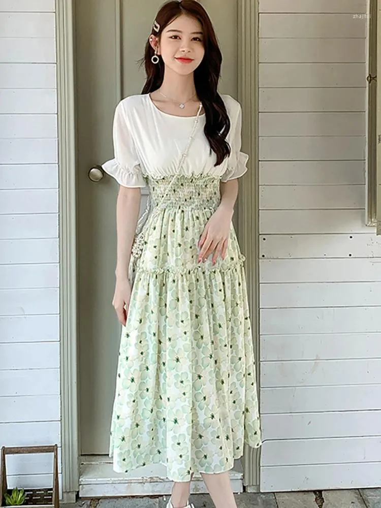 Robes de soirée d'été blanc Patchwork vert Floral en mousseline de soie robe mi-longue femmes coréennes Vintage élégant 2024 mode moulante vacances