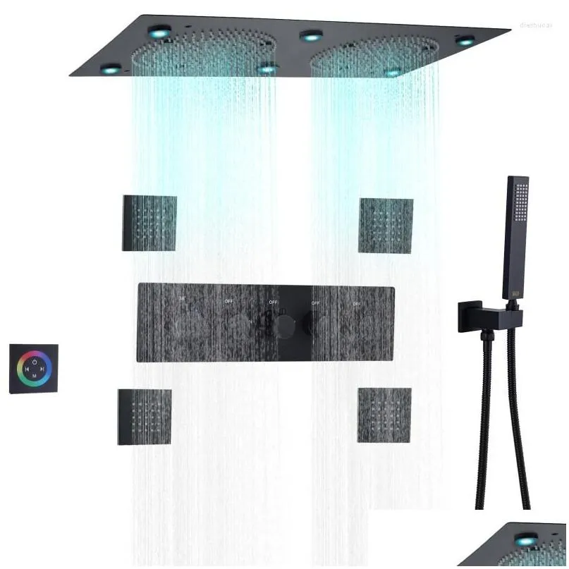 Bathroom Shower Sets Matte Black Colorf Led Head Ceiling 62X32Cm Thermostatic Rainfall System Set Drop Delivery Home Garden Faucets Dhn6F