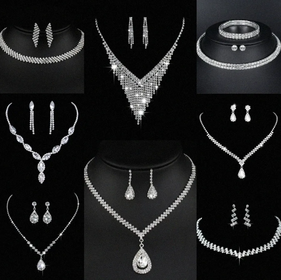 Värdefulla lab diamantsmycken Set Sterling Silver Wedding Halsbandörhängen för kvinnor Bridal Engagement Smycken Gift T6CC#