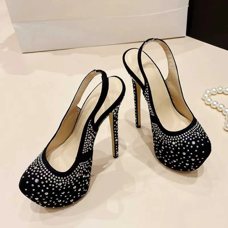 Klänningskor Runway Fashion Rhinestones Women Platform Pumpar Sexig Slingback Slip-On Back Rem Extreme High Heels Party Dress Shoes H240401L5AF