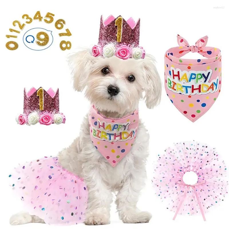 Dog Apparel Birthday Party Supplies Crown Hat With 0-8 Numbers Scarf Tutu Skirt Set Pet For Puppy Outfit