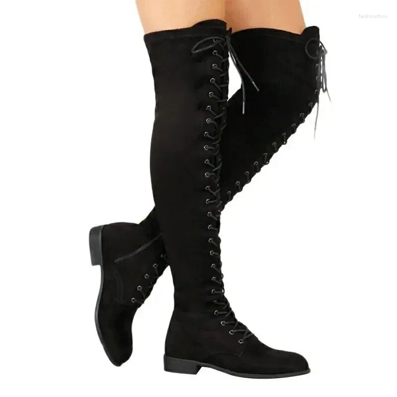 Boots Cross-tied Over The Knee For Women Autumn Winter Shoes Low Heeled Long Sexy Suede Thigh High Botas Mujer