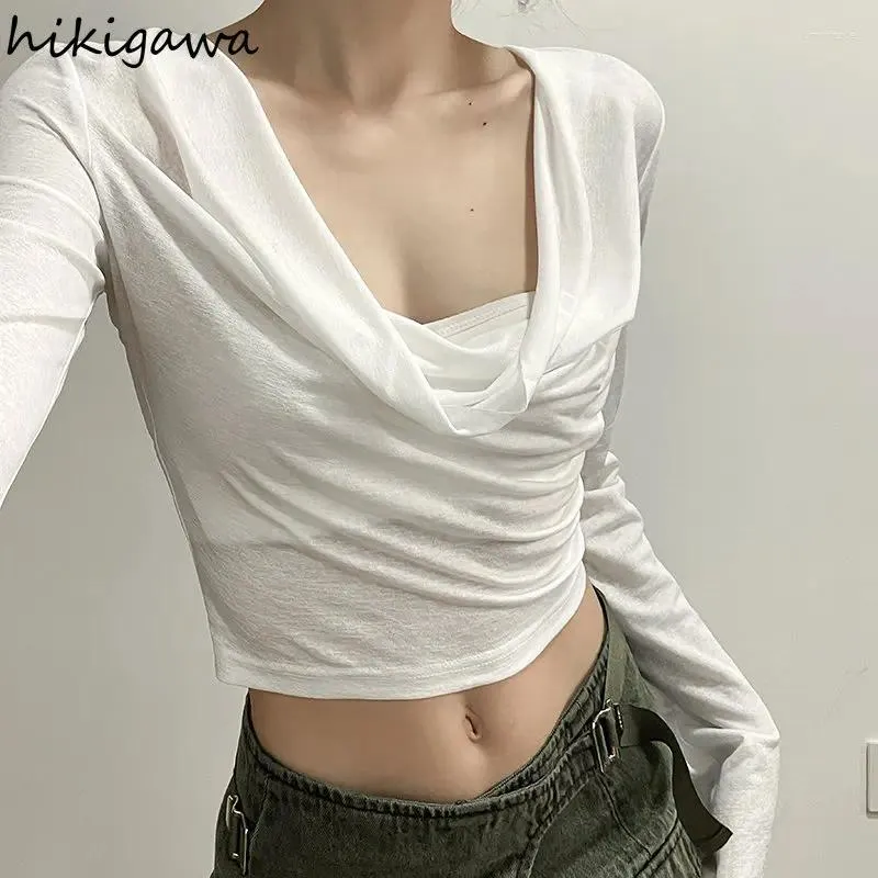 Kvinnors T -skjortor Crop Tops Hooded Fashion Tshirts för kvinnor långärmad tunika sexiga tees avslappnad tunn y2k topp harajuku 2024 ropa mujer