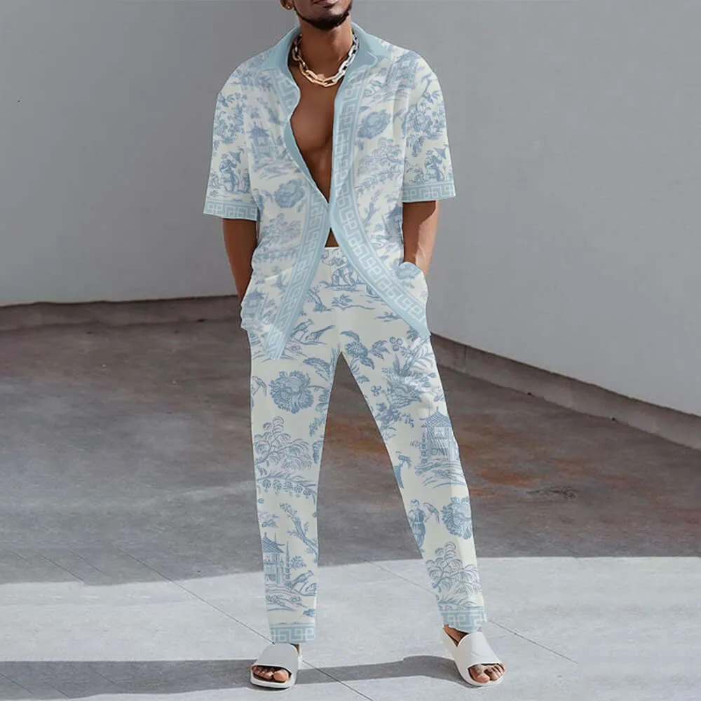 2023 moda 3d impressão conjunto de duas peças dos homens verão manga curta lapela camisas topo e calças casual terno streetwear roupa masculina