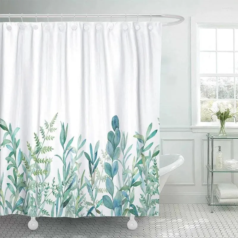 Shower Curtains Green Leaves Curtain Hooks Watercolor Plant Floral Botanical Modern Minimalist Fabric Decor Bathroom