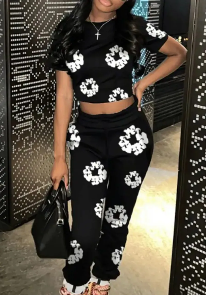 STYLISH LADY Floral Printed 2 Piece Set Women Short Sleeve O Neck Crop Top and Pant Suits 2024 Summer Casual Street Tracksuits