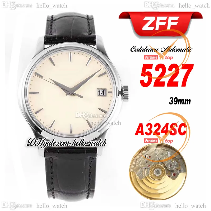 ZFF 39mm V3 Calatrava 39mm 5227G-001 Cal.324scオートマチックメンズウォッチホワイトダイヤルスティックマーカーケースブラックレザーストラップウォッチhello_watch e211d