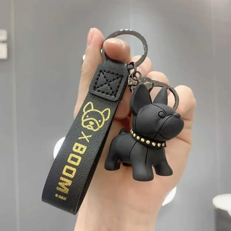 Keychains Lanyards Fashion Punk French Bulldog Keychain PU Leather Dog Keychain Womens Bag Pendant Jewelry Pavilion Mens Car Keyring Keychain J0330