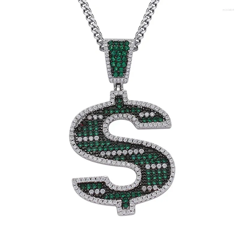 Colares Pingente Hip Hop Verde CZ Pedra Pavimentada Bling Iced Out Dólar Americano Sinal de Dinheiro Pingentes Colar Para Homens Rapper Jóias