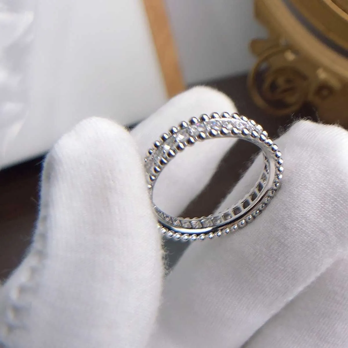 Designer Van Kaleidoscope Ring Womens Full Diamond Rose Gold smal Clover -förslagsmyckelogotyp med Velvet Box