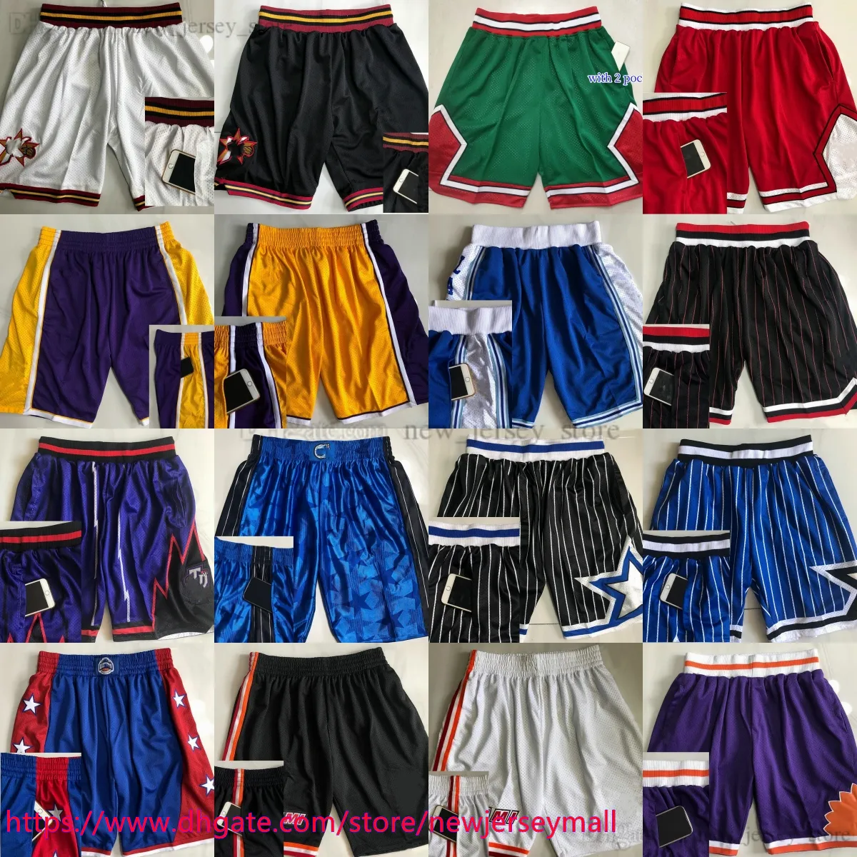 Shorts de basquete retrô clássicos com bolsos retrô de qualidade autêntica de bolso