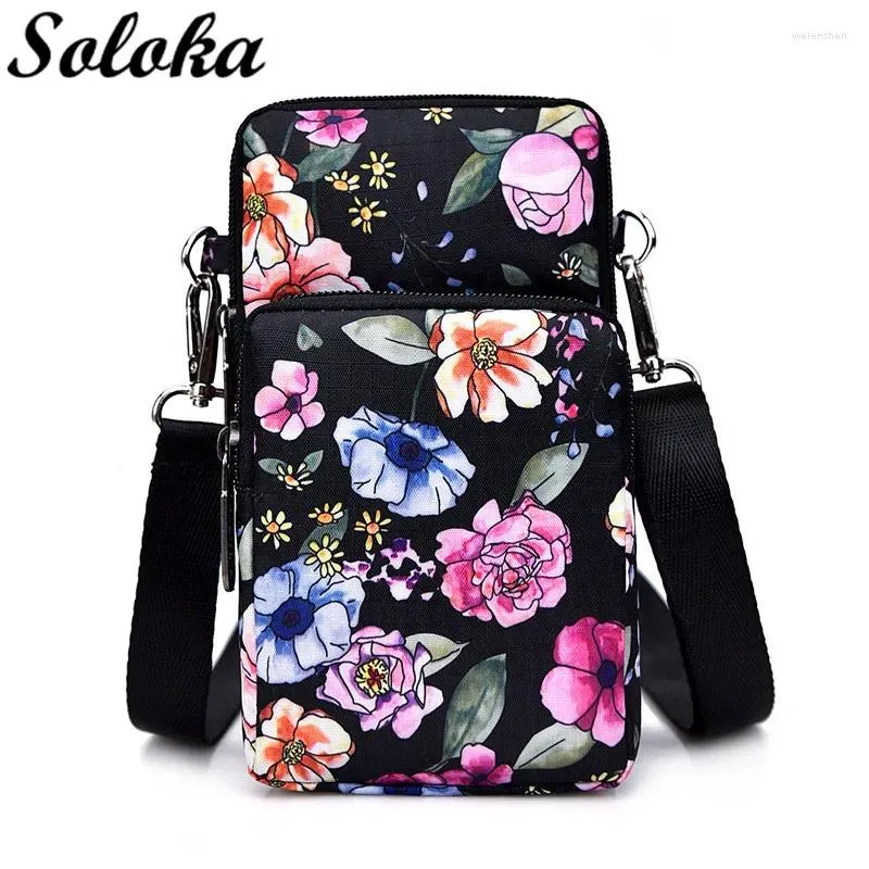 Bolsa de ombro feminina, bolsa para celular, estampa floral, nylon, mini bolsa carteiro, armazenamento esportivo, carteiras de três camadas, braço, moeda