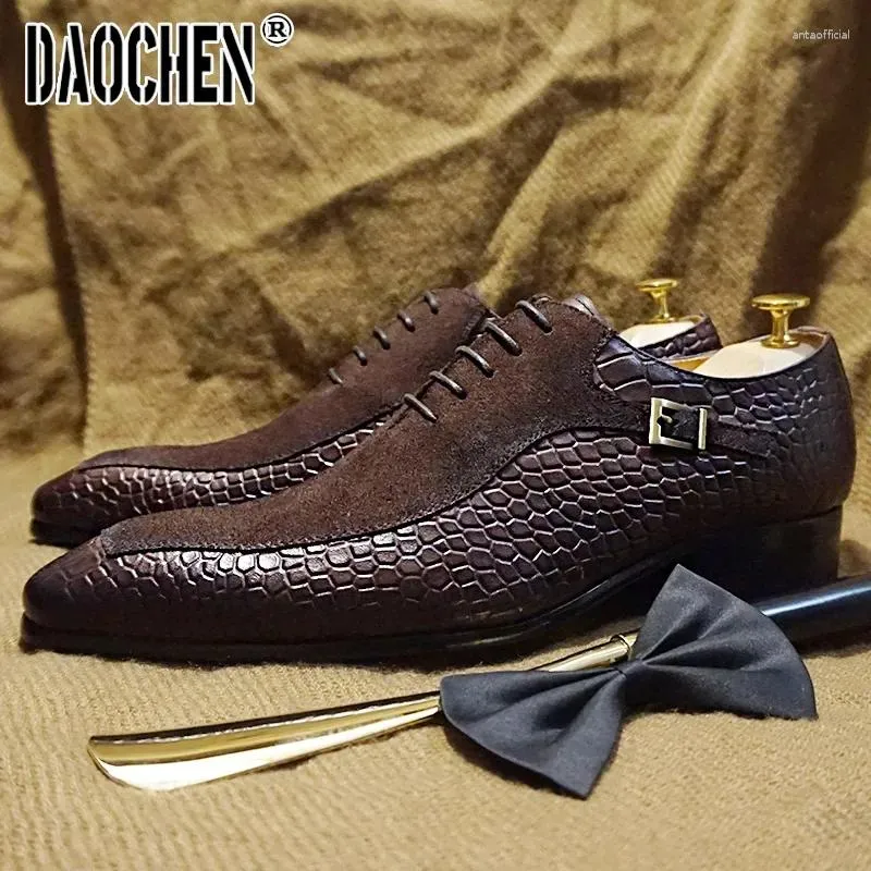 Chaussures habillées Hommes de luxe Oxford Lacets Split Toe Noir Marron Daim Patchwork Crocodile Prints Cuir