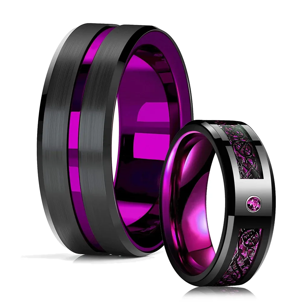 Ранки мода 8 мм черно -вольфрамовый свадебный кольцо кельтского дракона инкрустанное фиолетовое циркон кольцо для мужчин из нержавеющей стали фиолетового кольца из углеродного волокна
