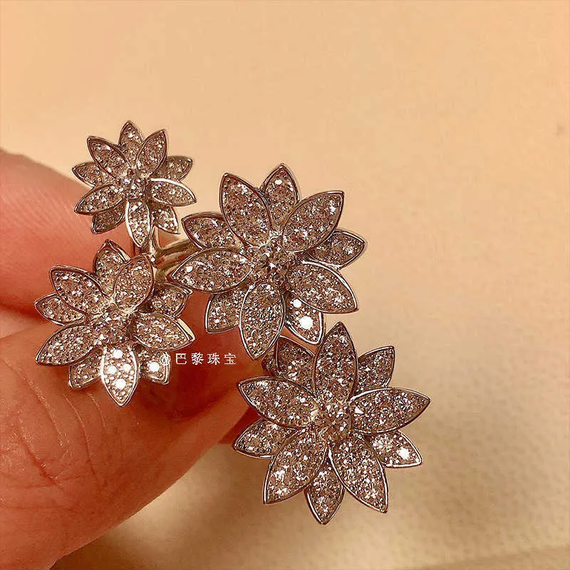 Ontwerper Hoge versie Van V Lotus Pure Silver 925 Volledige diamanten ring met platina -stijl eenvoudige lichte luxe hoog set hand sieraden