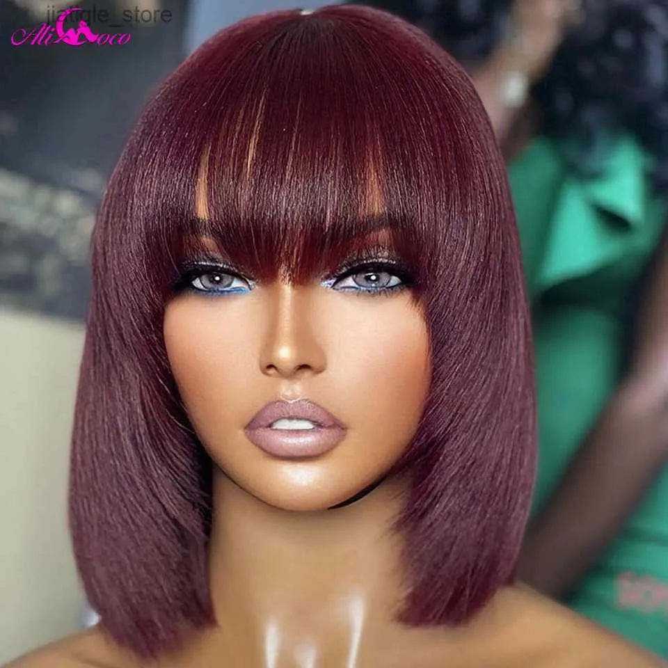 Perruques synthétiques 180 densité 99J Machine complète Machine à bob courte Bob Wigs avec une frange pour les femmes noires Couleur bordeaux raide perruques de cheveux humains Pas de perruques en dentelle Y240401