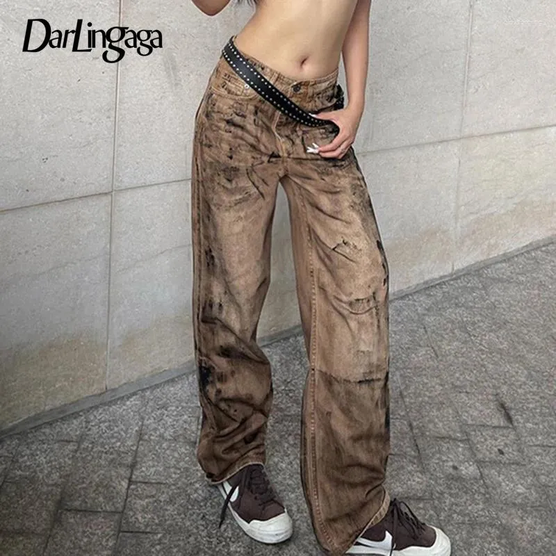 Женские джинсы, винтажные гранж-тай-дай Y2K, женские эстетичные джинсовые брюки Fairycore 2000-х годов, прямые брюки с градиентом, одежда