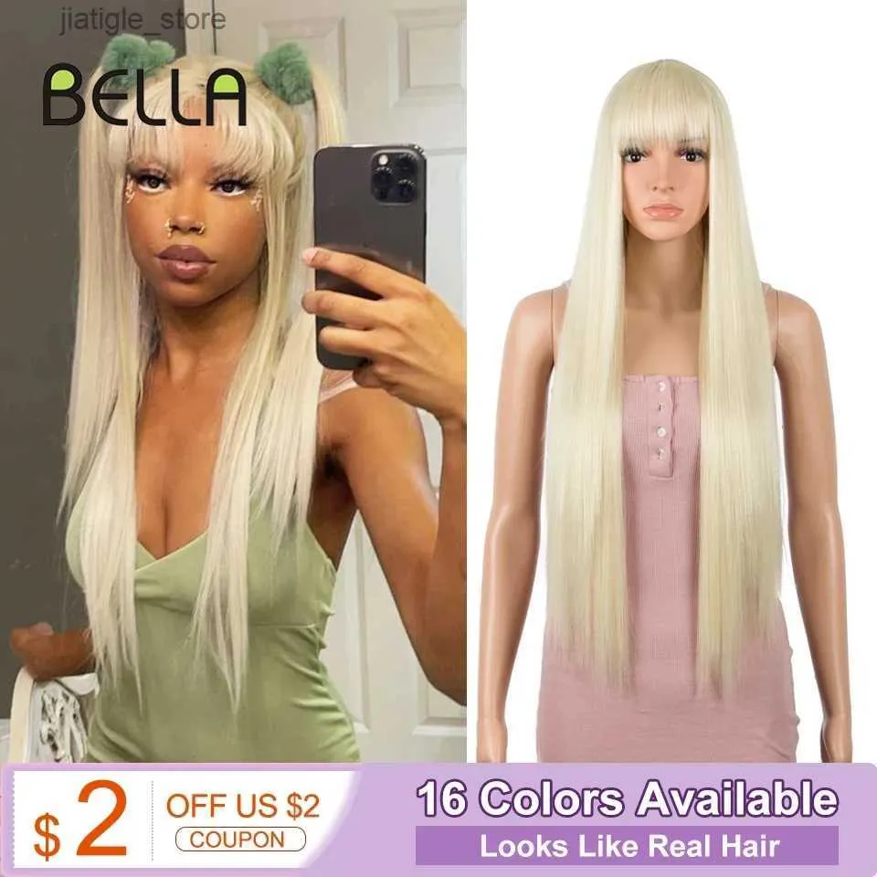 Syntetiska peruker Bella syntetisk peruk Rak hår peruk med lugg blond 613 rosa lila färgglada värmebeständiga peruker för kvinnor cosplay lolita y240401