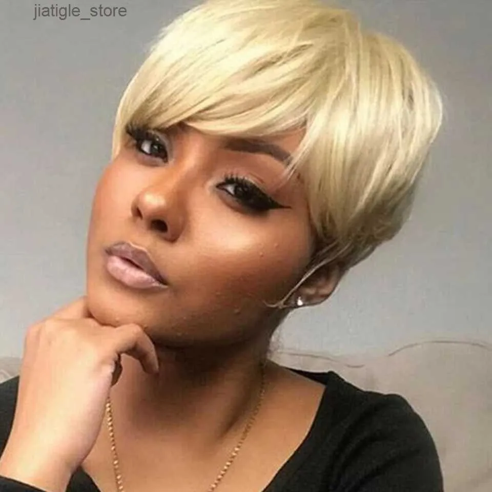 Synthetic Wigs Short Pixie Cut Remy Human Hair Wigs Ready To Wear Glueless Straight Natural Color Full Machine Made Bob Wig With Bnags Y240401T97Z Y240409
