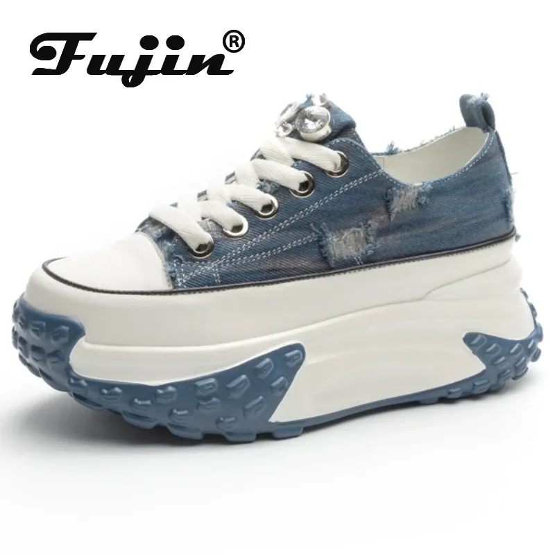 Skor fujin 6cm denim äkta läderplattform kilskor chunky sneaker comfy high varumärke strass vår bling höstskor