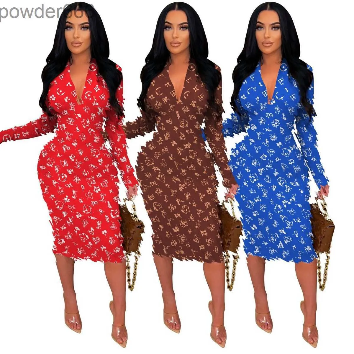 Sexy col en v profond robes femmes décontracté imprimé à manches longues moulante robe crayon livraison gratuite HM2L